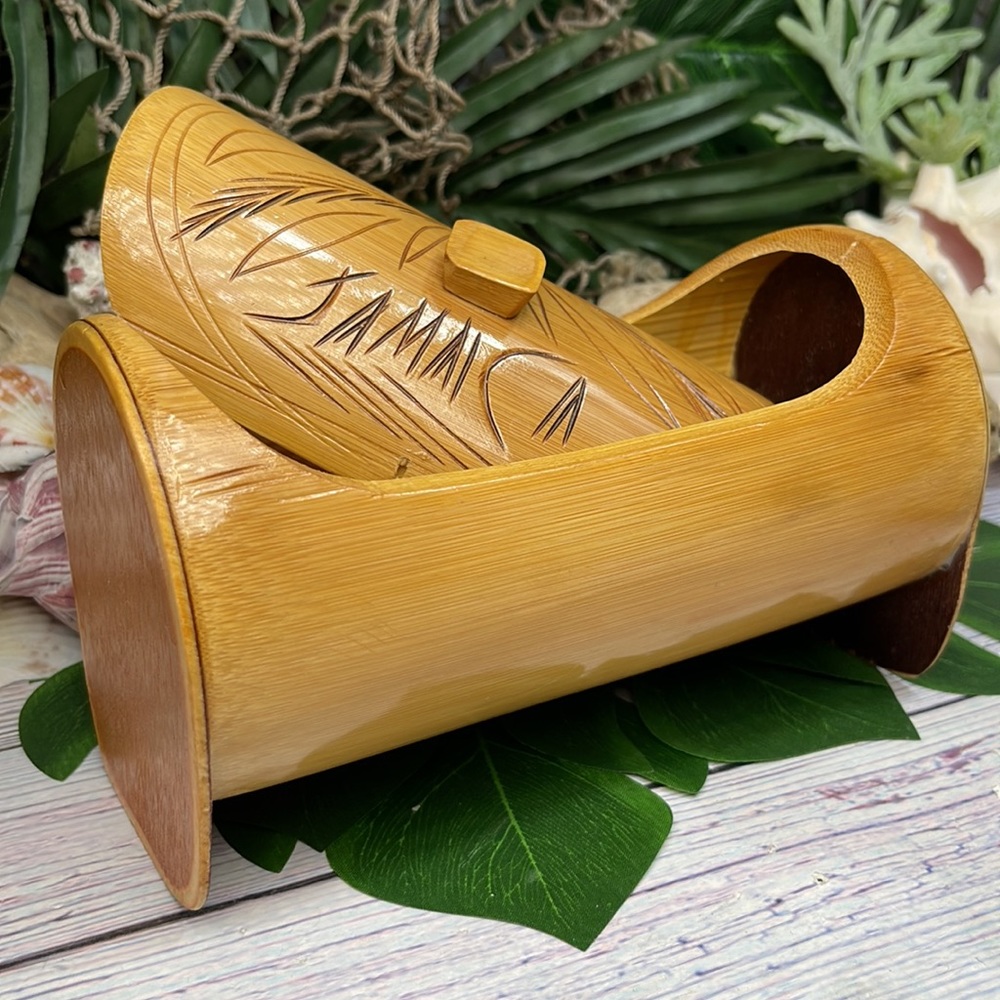 VTG Hand Carved Bamboo Jamaican Stash Box Tiki Nautical Coastal Trinkets Decor